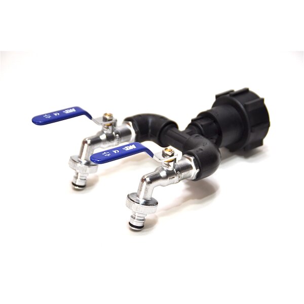 IBC Adapter | S60x6 | blaue 2x MT Messing-Ablasshähne 3/4" | Schnellkupplung | Polypropylen