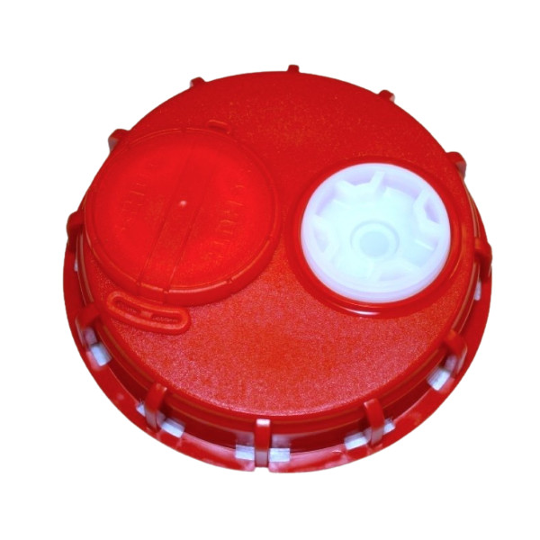 Couvercle Schütz rouge avec double bouchons 2"G > 1x fermé 1x valve - TPE