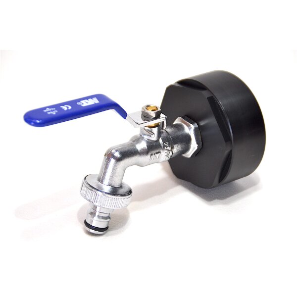 Adaptateur IBC | 2"1/8 BSP | robinet de vidange en laiton 3/4" bleu | raccord rapide | PE-HD